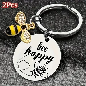 2Pcs Bee Happy Keychain - Inspirational Gift For Women, Mothers, Daughters, Sons, Nieces, Nephews, And Friends - Suitable For Birthdays, Christmas, And Graduation - Spread Positivity And Happiness