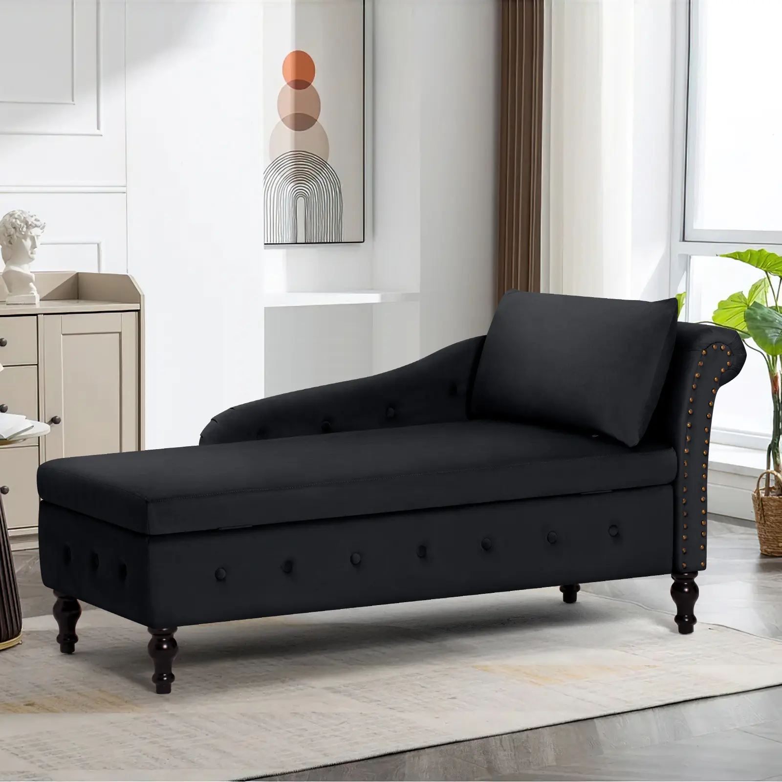 ACMEASE Upholstered Chaise Lounge with Right Armrest & Lumbar Pillow,Button Tufted Lounge Sofa with Storage,Lounge Chair Indoor,Modern Velvet Lounge Chair for Bedroom, Living Room and Office