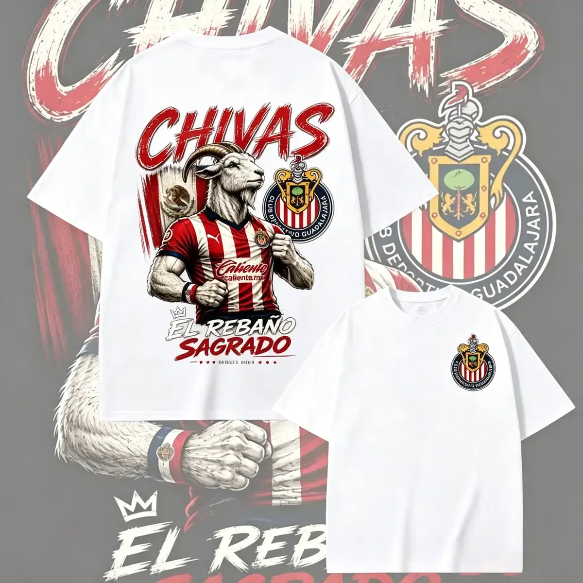 Men's Chivas Guadalajara Round Neck T-Shirt - Stylish Streetwear Sports Soccer Fashion, Casual Liga MX Fan Apparel with El Rebaño Sagrado Goat Graphic, Striped Short Sleeves, Graphic Print, Unisex, Standard Sizes, Shortsleeve, Tshirt, Casual Fit