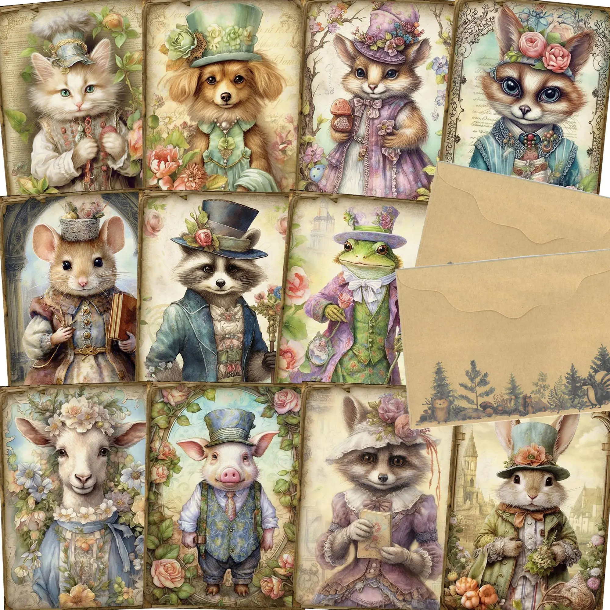 Animal Themed Postcard Set, 48pcs/set Including 12 Postcard & 4 Envelope & 32 Sticker, Envelope Postcards, Greeting Card for Scrapbooking Supplies, Junk Journal, Crafts, DIY Card Set, Scrapbook Materials, Card With Envelope