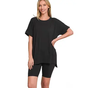 Women's Zenana 2-Piece Brushed Microfiber Set - Smooth, Soft Spandex Short-Sleeve Round Neck Top & Basic Biker Shorts