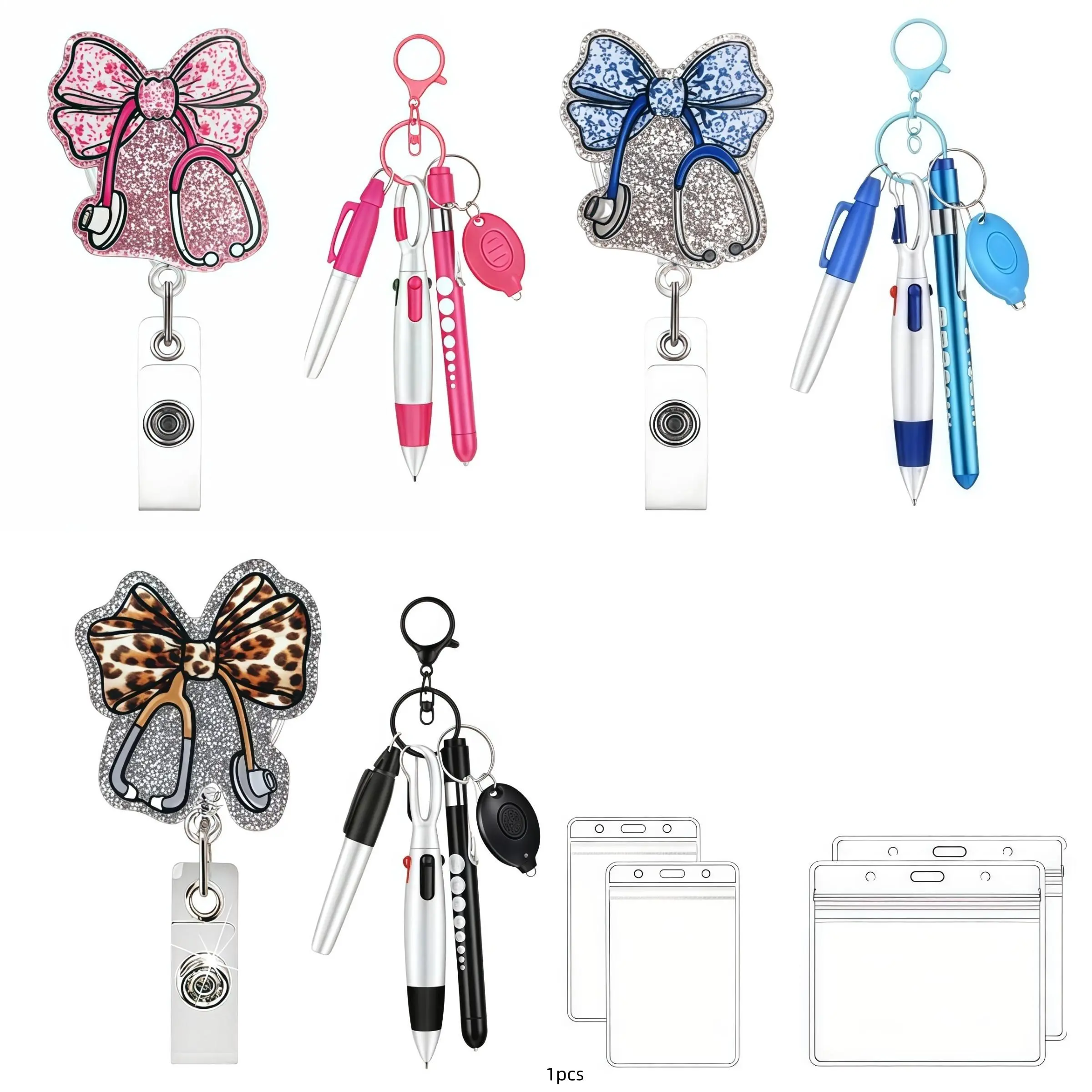 Stethoscope Bow Nurse Badge Reel & Multi Tool Keychain Set, Retractable ID Badge Holder with Ballpoint Pen, Mini Scissors & LED Light, Cute Healthcare Worker Work Accessories Gift for RN CNA Nursing Student