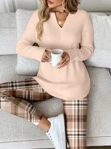 2 Pcs/Set Women's Long Sleeve T-shirt and Plaid Leggings, Work From Home Outfit, Comfortable Fitted Outfits, Casual, Everyday, Knitted Lounge Set