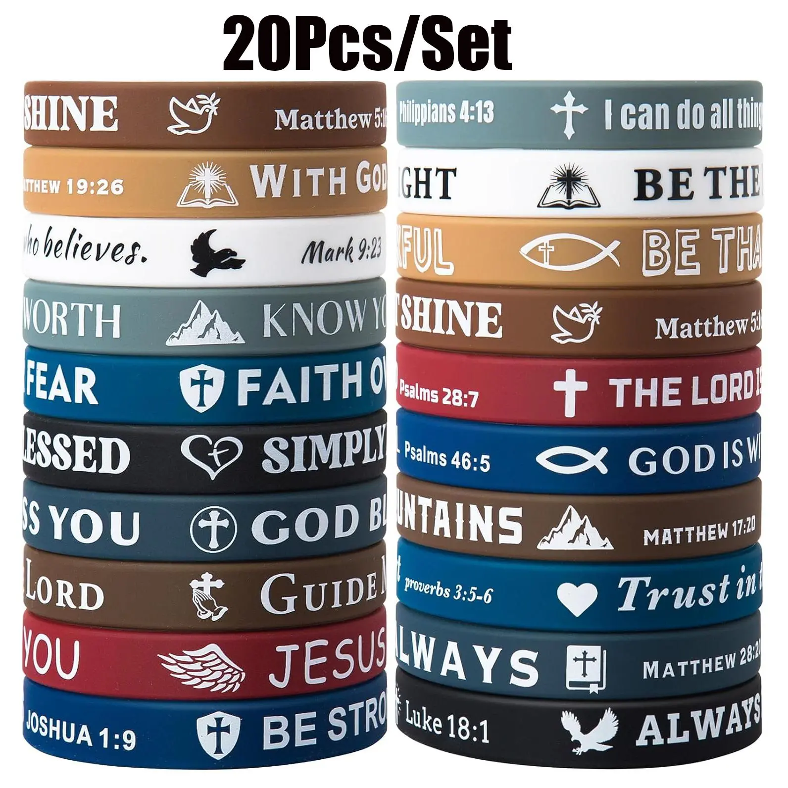 20 Pcs Stretch Silicone Bracelets with Engraved Bible Verses for Adults & Teens, Religious Christian Style Faith Jewelry, Bulk Gifts for Church, Personalized Jewelry, Cross Bracelets, Scripture, Adjustable Size Bracelets & Bangles