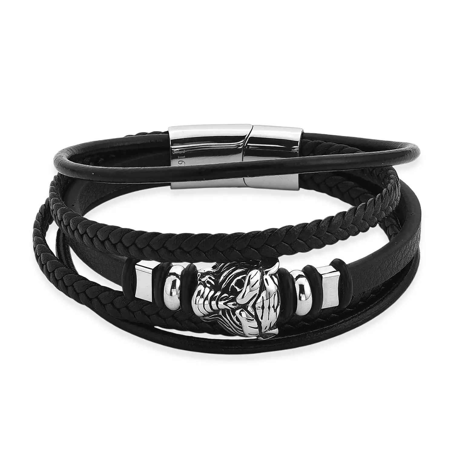 Braided Microfiber Leather Tiger Head Bracelet in Stainless Steel (8.00 In)