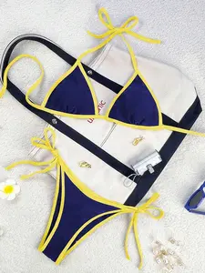 Swim Mod 2026 Spring/Summer Women's Swimsuit, Spaghetti Strap Halter Neck, Navy Blue + Yellow Contrast Color, Sexy Vacation Side Tie Thong Bikini Set