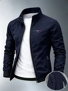 Men's Spring Fall City Theme Italian Letter Print Long Sleeve Jacket, Lightweight Fashion Casual Zipper Outerwear, Business Style Outdoor Sports Coat, Perfect Gift