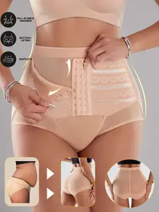 Women's High Waist Shapewear Panties, Underwear, Breathable Polyester Elastic Fiber, Adjustable Front Hook Closure, Stripe Mesh Butt Lifting, Medium Stretch