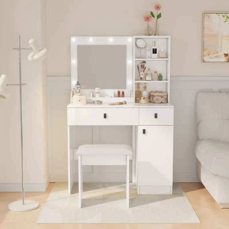 Vanity Desk with Lights, Mirror, Large Drawers, Three Level Storage Dresser, White, Adjustable Brightness for Bedroom vanity mirror vanity accessories