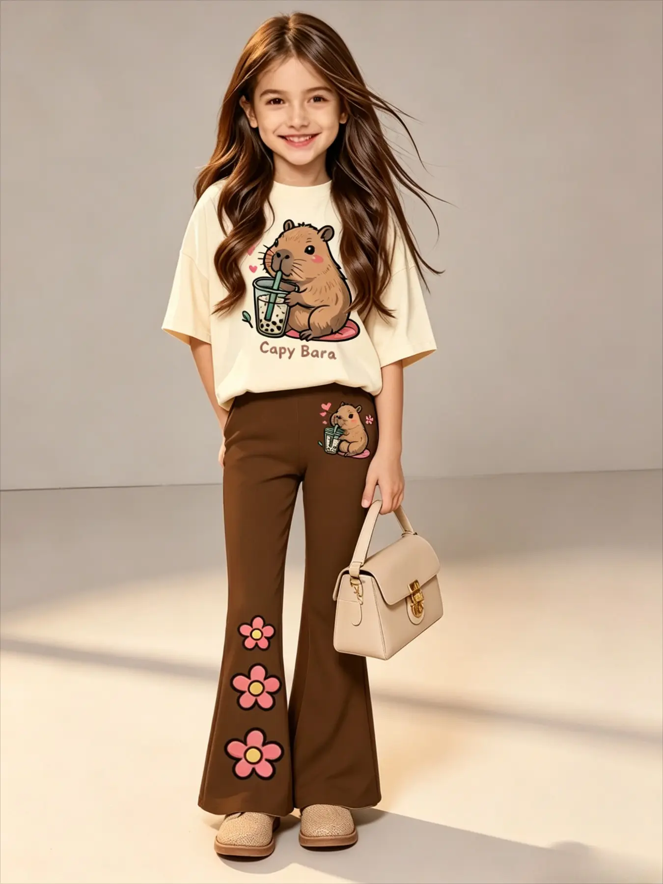 Kids Capybara Print T-Shirt & Flared Pants Set, Casual Short Sleeve Top & Flower Bell Bottoms Outfit for Girls, Graphic Print Set, Tee Set, Clothes Sets
