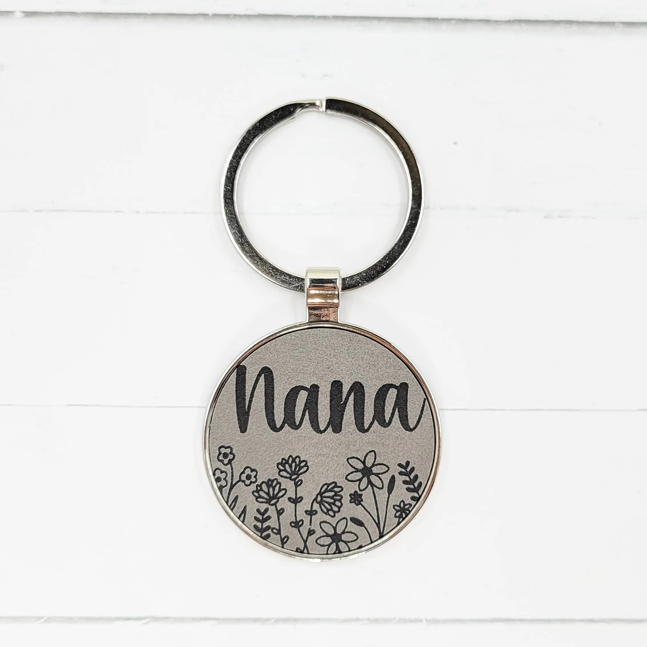 "Nana" Floral Grey Engraved Leatherette Keychain