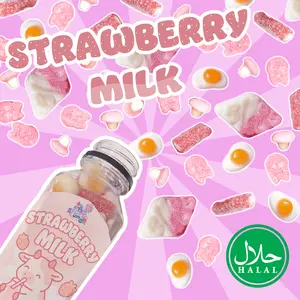 Halal Strawberry Milk Gummy Candy 7 OZ Bottle – Sweet & Chewy Vanilla Strawberry Bubs, Egg Gummies, Strawberry Puffs, Strawberry Pencils, Strawberry Mushrooms, Mini Raspberry Bubs