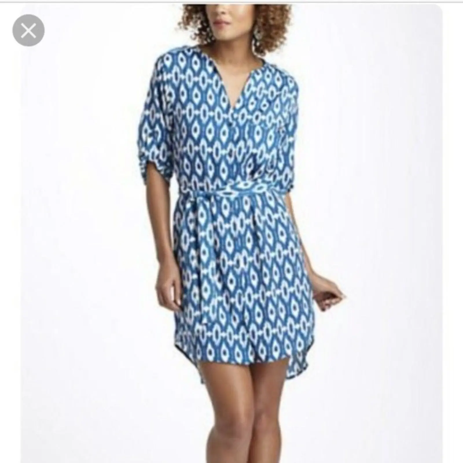 MAEVE Anthropologie Blue & White Aztec Print Shirt Dress, Size Small