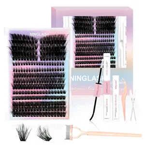 NINGLASH Diva Lash Clusters Kit Fluffy DIY Eyelash Extension, Individual Lashes Cluster Lashes 272pcs Thick Faux Cat Eye Mink DIY Lash Extension Kit, Lash Bond and Seal Remover Tweezer Comb Brush