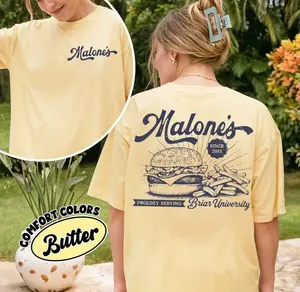 Women's Casual Everyday Loose Soft Printed T-Shirt - Malone's Vintage Diner Tee, Retro Burger Restaurant Top, Briar University Hockey Romance Shirt