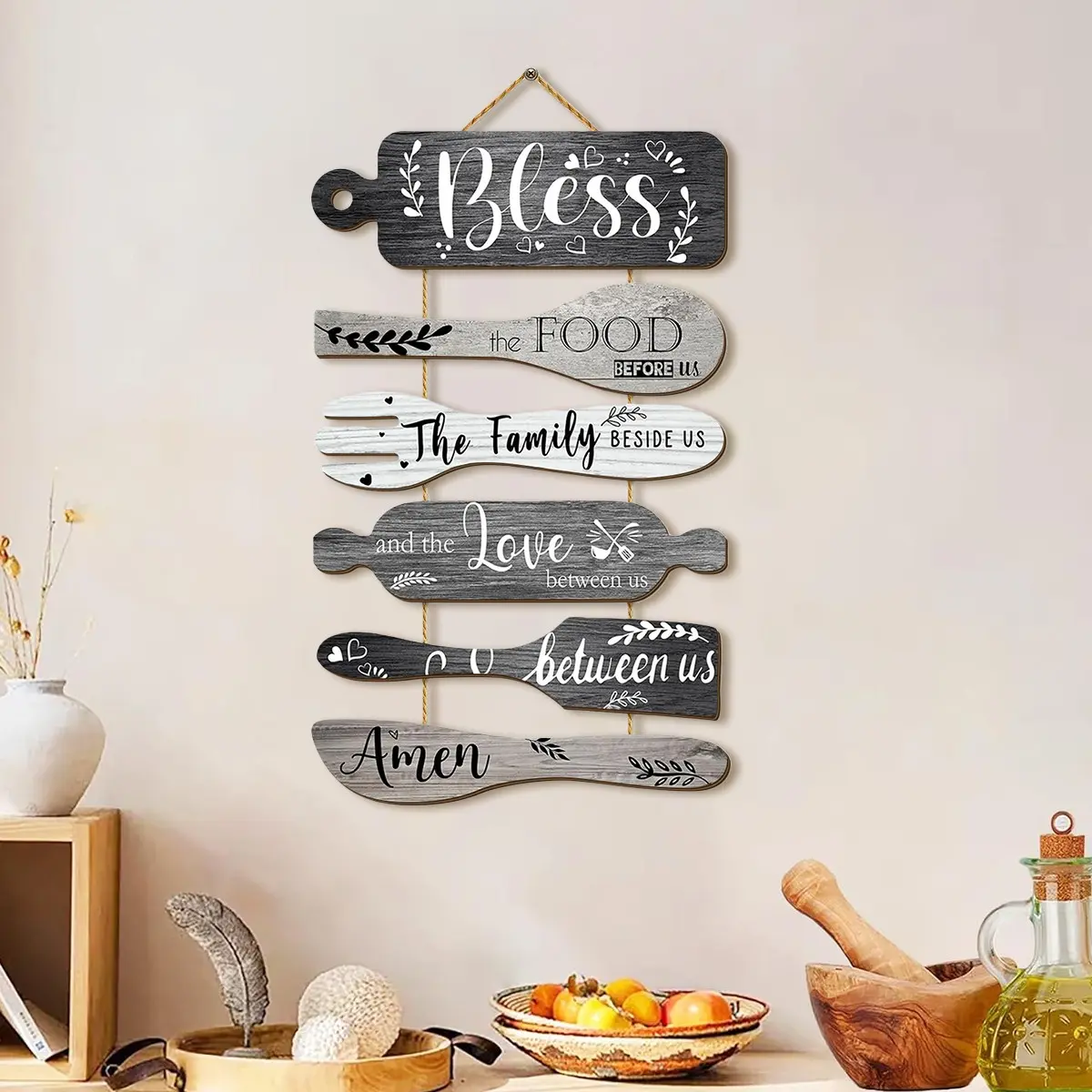 Rustic Kitchen Wooden Wall Decor Set, 'bless' Theme Warm Family Slogan, Vintage Weathered Cutlery Design, Home & Room Decoration, Interior Wall Decor, Hangable Room Decor, Decorative Hanging Piece, Decoration Items