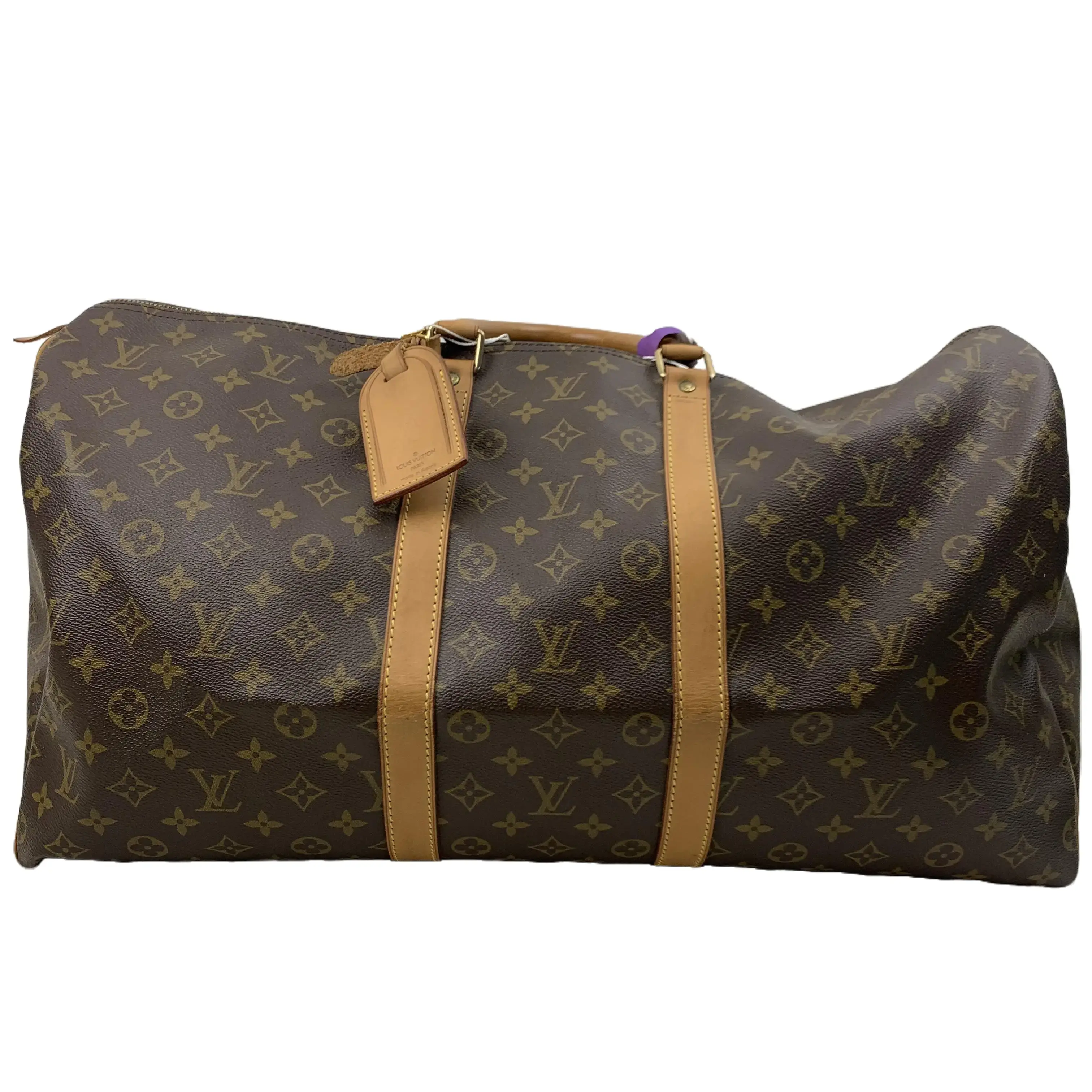 Pre-owned Louis Vuitton Keepall Monogram Canvas Travel Duffle Bag Luggage, Travel Bags, Natural Vachetta Leather Trim & Bands, Full Gold Zip Zipper TKB00000028, Natural Vachetta Leather Bands