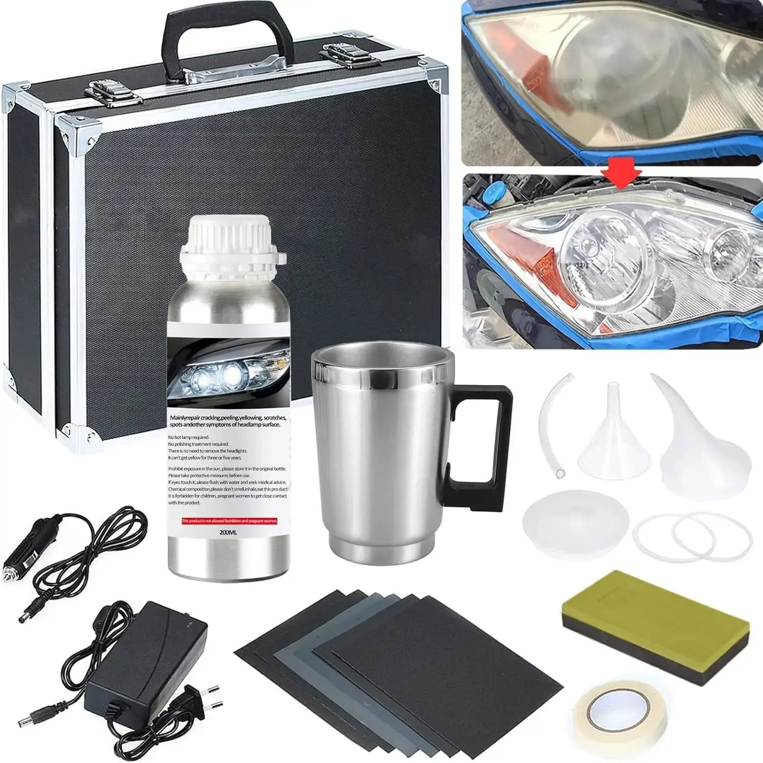 Headlight Restoration Kit,  Headlight Polish Repair Renovation Kit with 200ML Repair Liquid for Repair Headlight Yellowing, Haze, Oxidation, Scrashes