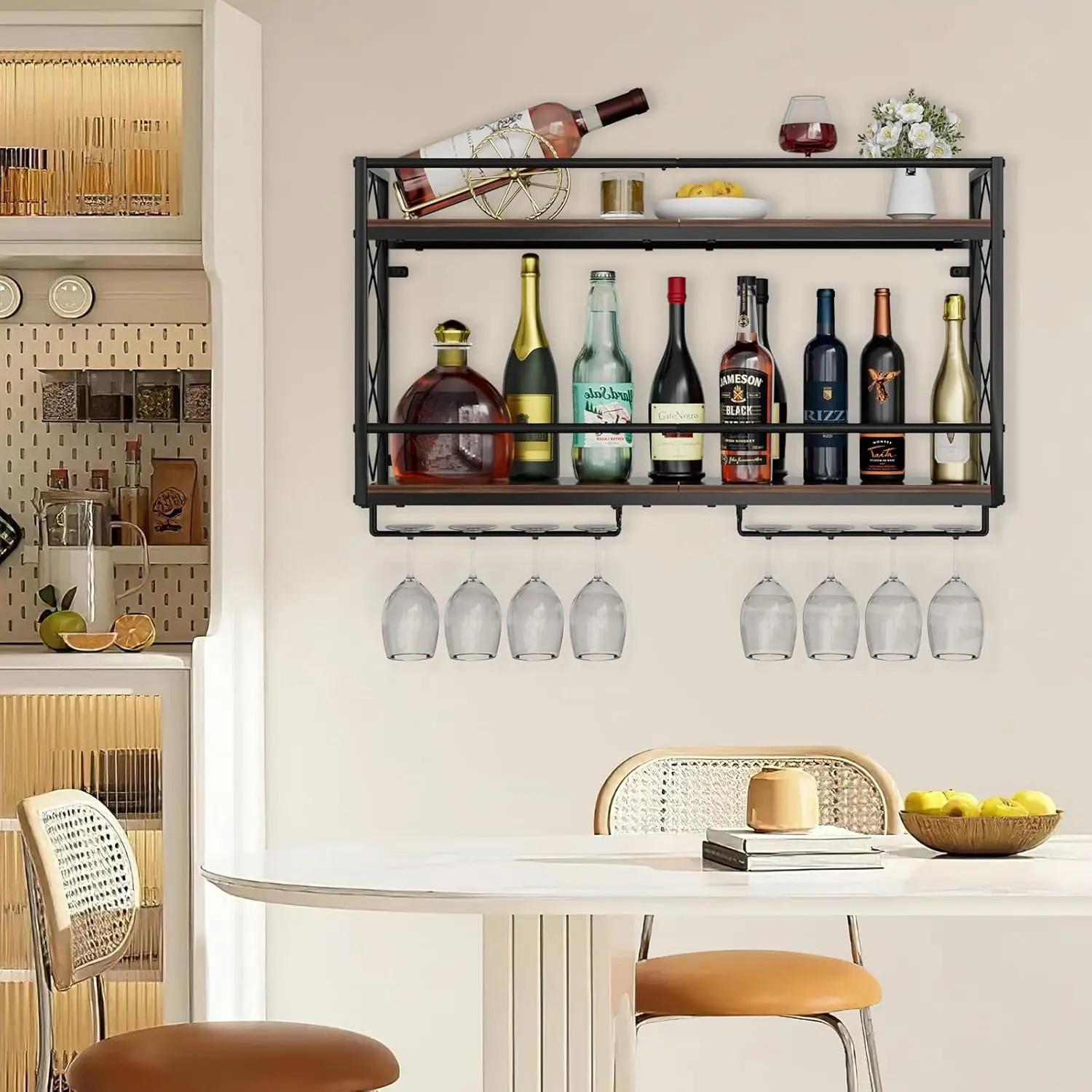 Modern 2-Tier Wall Mounted Wine Rack with Glass Holder - 31.5" Metal & Wood Floating Liquor Shelf for Home Bar