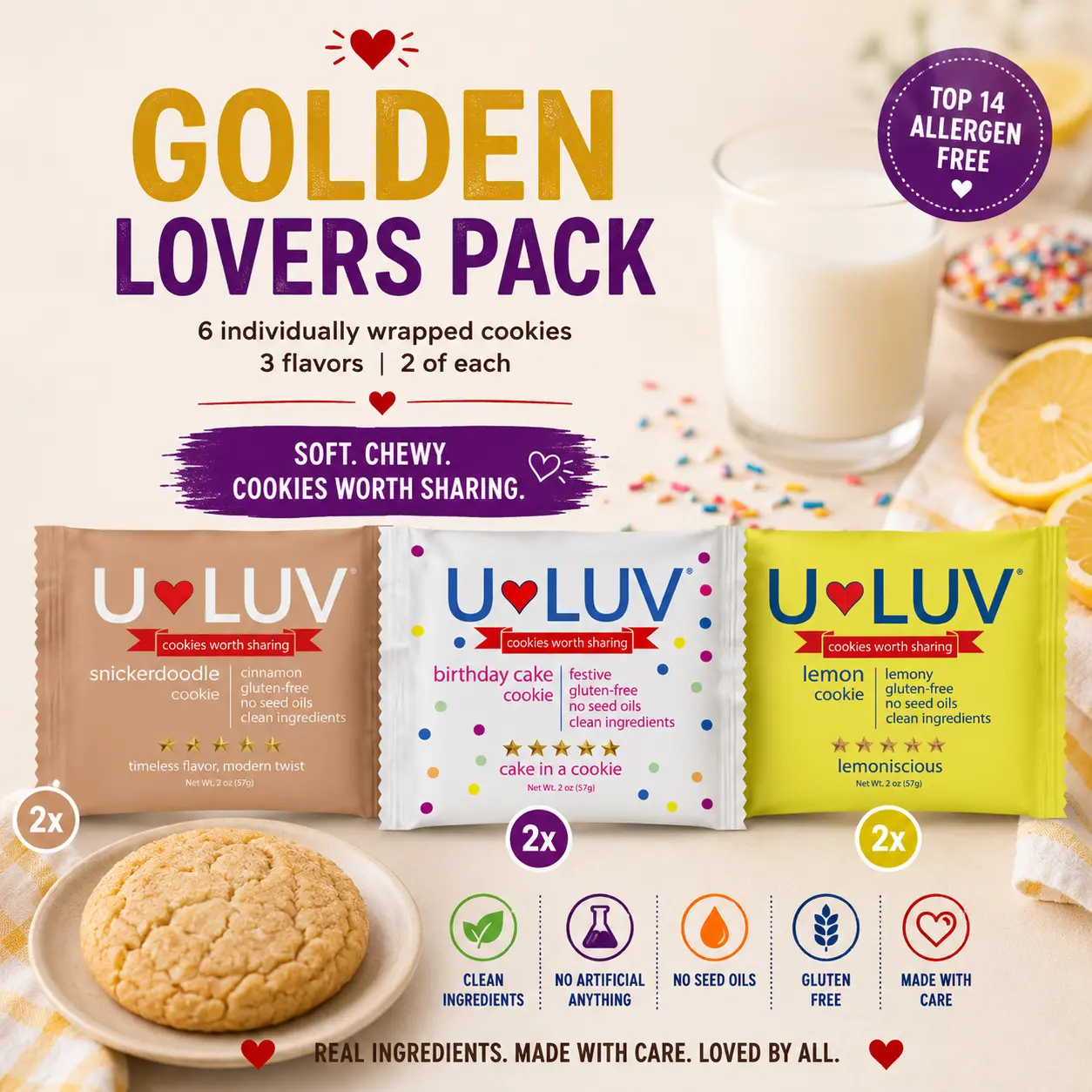 U-LUV Golden Lovers 6-Pack | 2 Lemon, 2 Snickerdoodle & 2 Birthday Cake | Soft & Chewy | Gluten Free | Made with Avocado Oil | Clean Ingredients | Allergen Friendly