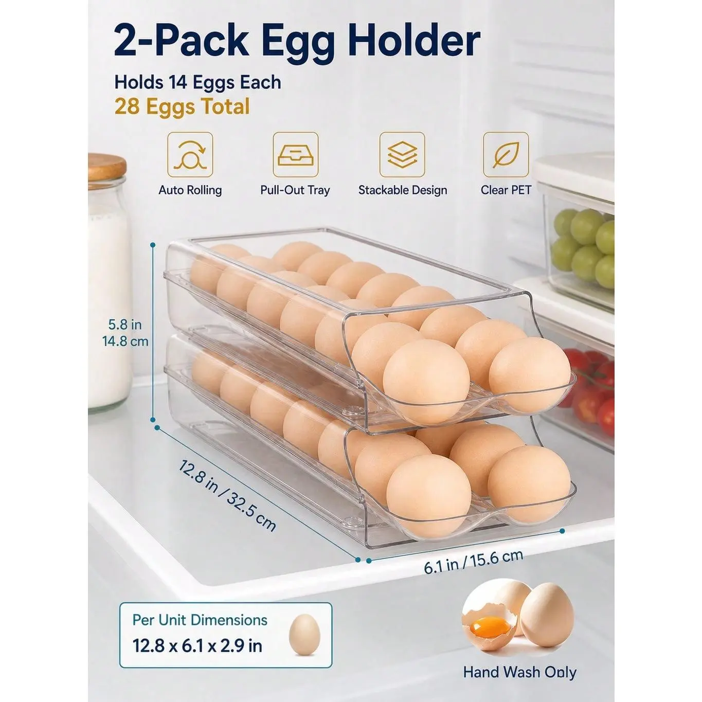 ZHOHO TANT 2-Pack Stackable PET Egg Holder with Automatic Rolling Pull-Out Tray, Stackable Storage Bins for Refrigerators, Home Organizer Holds 28 Eggs