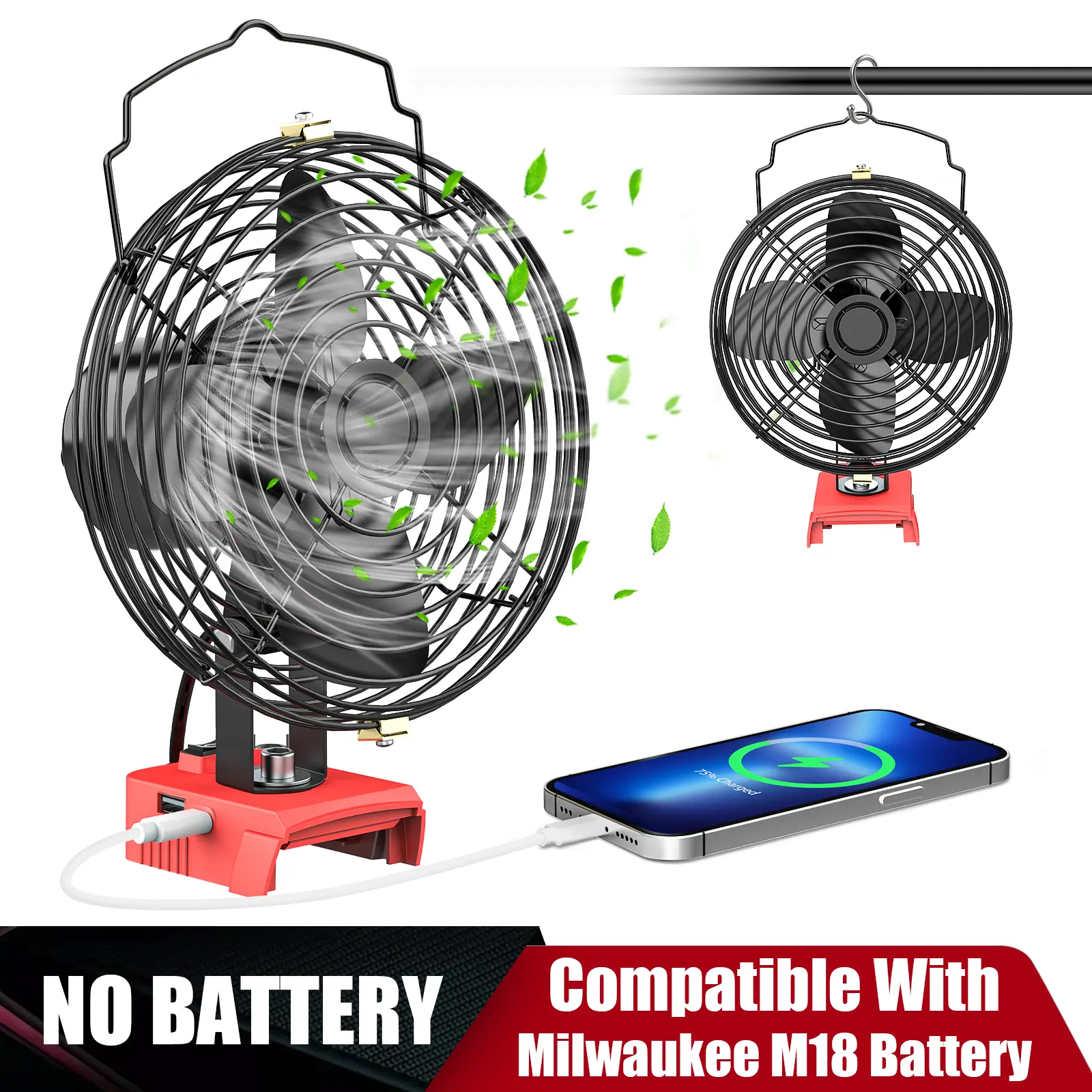 Portable Jobsite Fan for Milwaukee M18 Battery, Battery Not Included, Cordless Works Fan Battery Powered Fan 18V 17W 3500RPM Desk Fan Portable Fan wit