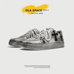 2026 Retro Low-Top Casual Shoes, Niche Design, Cross Pattern, Thick Sole, Distressed Dirty Look Sneakers, Men's Versatile Trendy Shoes