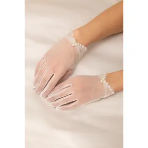 Shelly Sheer Mesh Wrist-Length Gloves with Pearl Trim