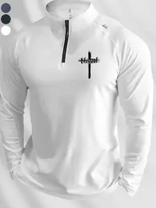 Faith Theme Cross Half-Zip Fitness Long Sleeve, Multi-Color Options, High Neck Graphic Print, Men's Training Shirt for Fall & Winter, Gym Workout Shirt, Athletic Sports Clothing, Half Zip Sportswear, Active Tops, Fitness Clothes Tops