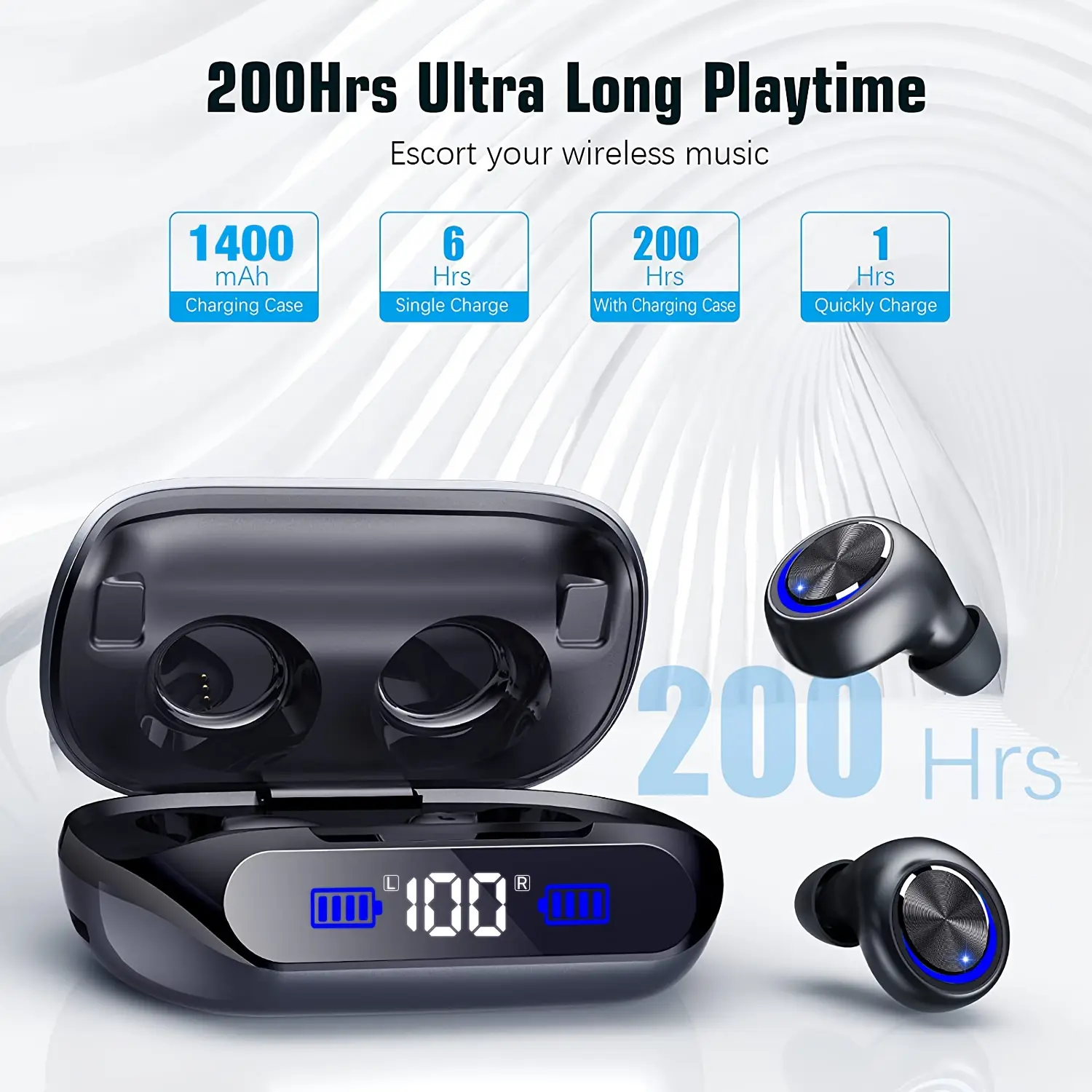 Bluetooth V5.3 Wireless Sport Earbuds with Mic, 200Hrs Playtime, 1400mAh Charging Case, Deep Bass Stereo, IPX7 Water-Resistant Headphones for Workout Running, Wireless Earbuds Bluetooth, Bluetooth Earbuds