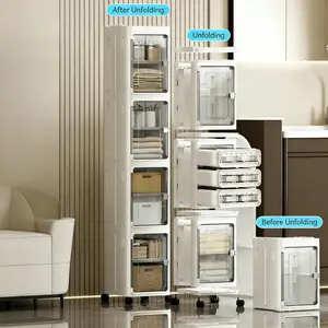 Foldable Slim Storage Cabinet With Universal Wheels Magnetic Door Multilayer Dustproof Mobile Narrow Space Organizer For Home Kitchen Bathroom