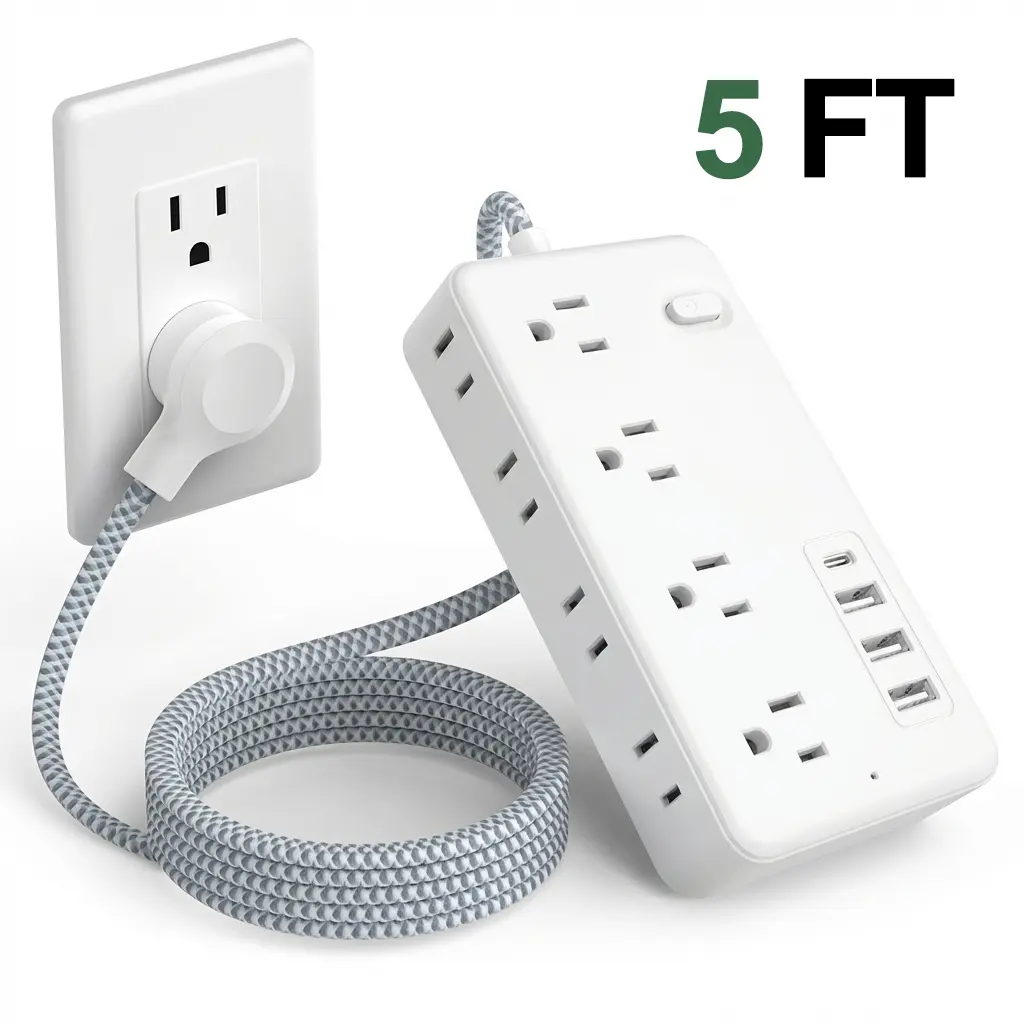 Surge Protector Power Strip - 5Ft Braided Extension Cord with 8 Outlets with 4 USB (1 USB C) Charging Ports, Flat Plug Multi Plug Outlet Extender Charging Station for Home Office, White