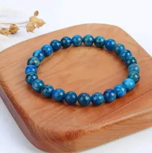 Natural Gemstone Crystal Blue Apatite 6mm Round Beaded Stretchy Bracelet, Healing Meditation Chakra Balance Calming Protection Women Bracelet