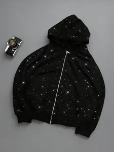 All-over starry sky print zip-up hoodie for men and women, unisex. Y2K street style, loose fit. Full-zip design. Harajuku galaxy rhinestone sparkle hooded jacket. Aesthetic loose fit, Gorpcore outdoor style, hip-hop retro. Loose-fit printed hoodie. Great