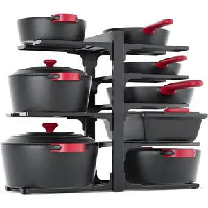 Heavy Duty 8-Tier Adjustable Pots and Pans Organizer Under Cabinet, 15.83" Height Pot Rack for Kitchen Cabinet Organization Storage, Fits Frying Pan, Cast Iron Skillet, Black