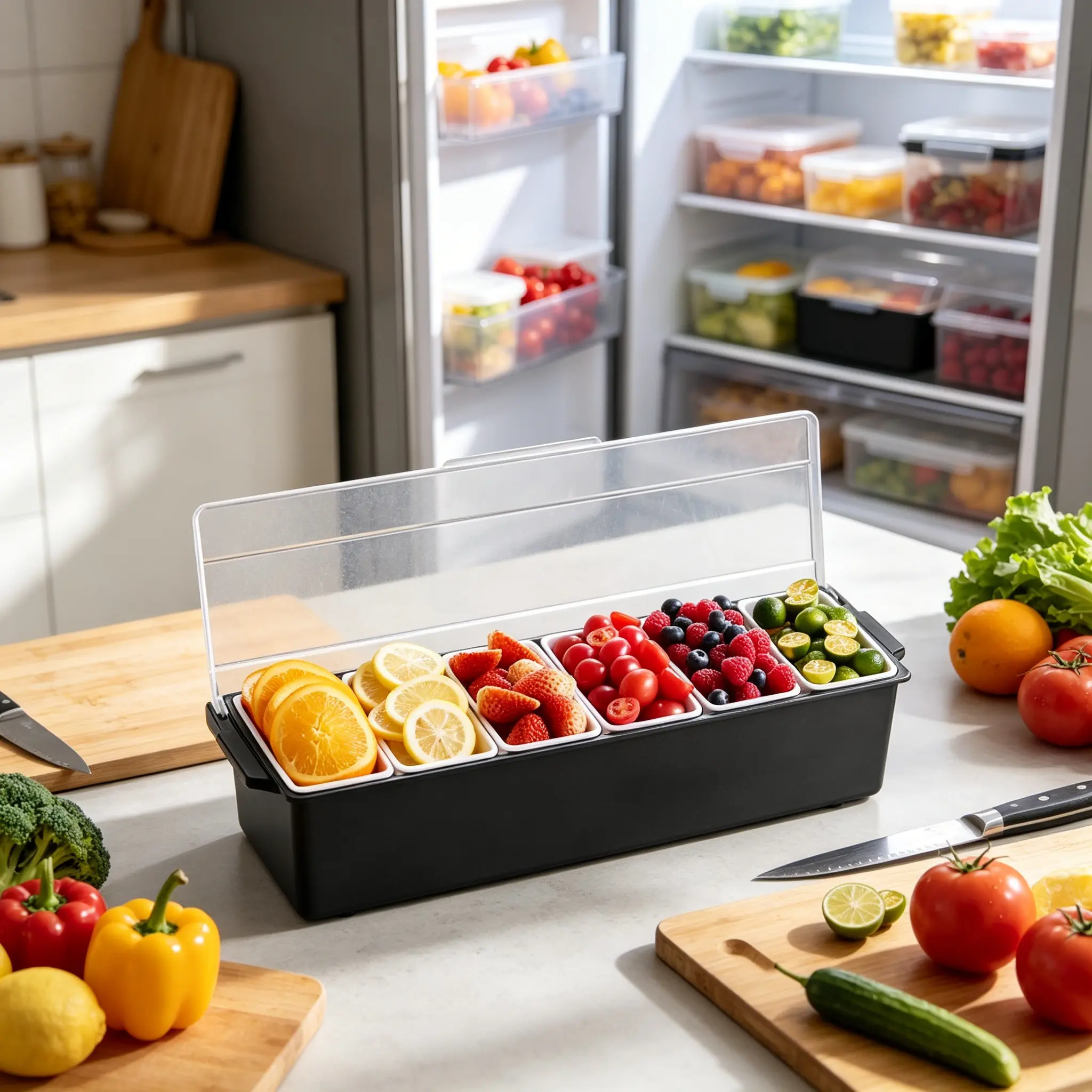 Chilled condiment serving container featuring 6 compartments and protective lid, Ice-cooled base maintains low temperature for fresh food storage, kitchen and bar essential for serving salad, fruit, taco toppings, Reusable Containers