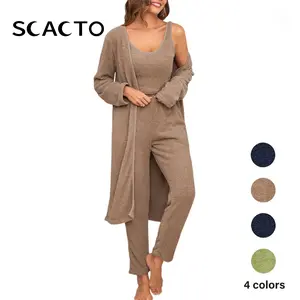 Scacto Women's 3-Piece Fuzzy Cozy Pyjama Set - Long-Sleeve Open-Front Cardigan, Crop Tank Top, Loose Wide-Leg Pants, Soft Stretchy Basic Casual Nightwear & Loungewear