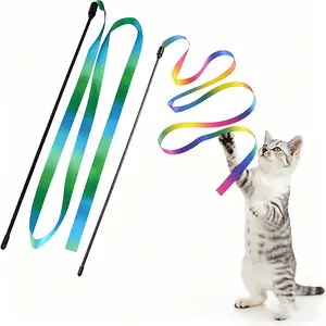 Interactive Cat Rainbow Wand Toys, 2 pcs Interactive Cat Teaser Wand String, Colorful Ribbon Charmer for Most Cats and Kittens