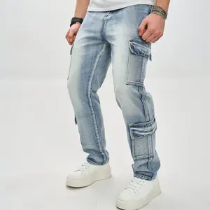 Streetwear Men Multiple pockets Cargo Straight Jeans Pants Male Stylish Loose Casual Carpenter Denim Trousers