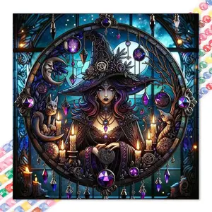 1 DIY diamond painting kit, 5D diamond art kit, DIY decoration, wizard hat, purple gem, candlelight circle, full round diamonds, mosaic, diamond art, DIY home decoration, suitable for Christmas.