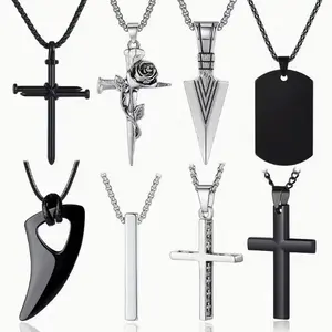 8PCS Men's necklaces, Men's jewelry set with Stainless Steel necklaces, cross pendant necklace, chain length 16-24 inches