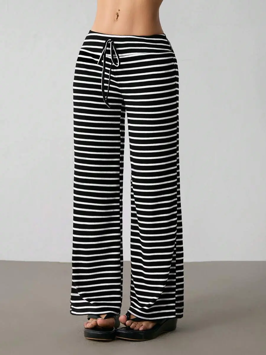 Petite Women's Yoga Pants - Low Waist Striped Brushed Straight Leg Drawstring for Work and Errands