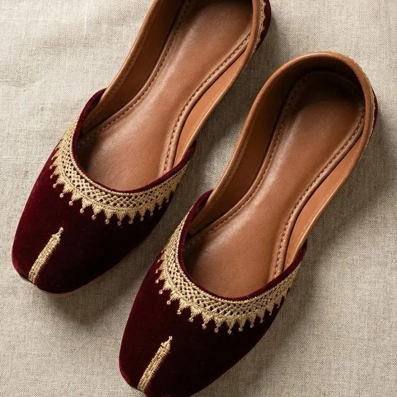 Women's Classic Maroon Velvet Khussa, Elegant Closed Toe Ballet Flats with Decorative Gold Lace, Traditional Footwear, Burgundy Maroon Ballet Flats, Ballerina Ballet Flats