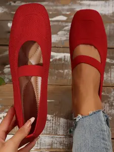 Women's Slip-On Mary Jane Flats, Plain Knit Textile Upper, PU Lining, Durable Plastic Sole, All-Season Casual Shoes, Square Toe Flat