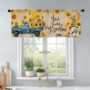 1 Pc Summer Sunflower Dwarf Sitting In A Car Watercolor Painting Printed Linen Texture Background Kitchen Curtains Valance Window Curtain Living Room Bedroom Bathroom Home Decoration 54 Inches * 18 Inches