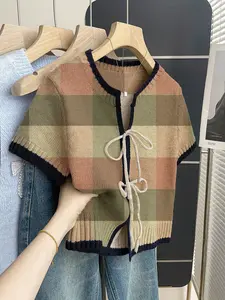 Boho Style Loose Round Neck Patchwork Plaid Print Short Sleeve Knit Top, Women's Summer Casual Sweater, Spring & Summer Fashion, Knitwear, Womenswear