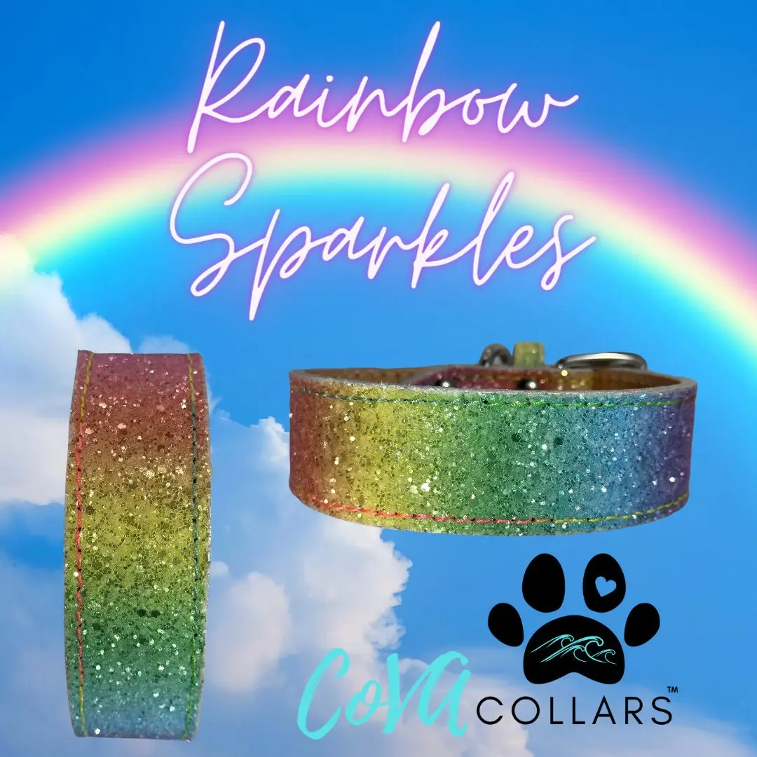 CoVA Pet Customized Bling Dog & Cat Collar - Multi-Size 1" or 1.5" Chunky Glitter Leather Rainbow Pride Collar with Brass, Solid Brass, Gold Paint & Stainless Steel Hardware for Bright Look, Brass Hardware