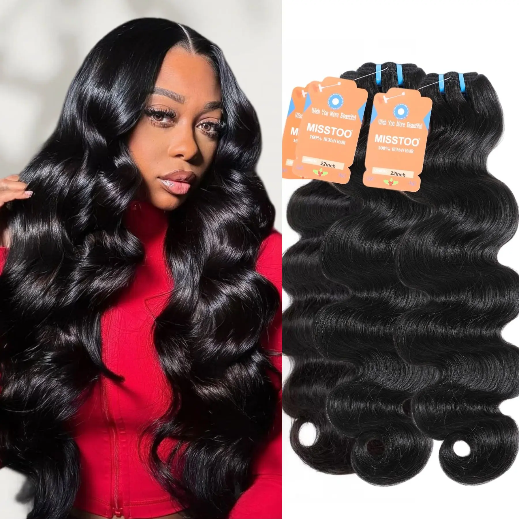 MISSTOO 15A 100% Brazilian Human Hair Body Wave Bundles Unprocessed Raw Hair Weave Sew In/Quick Weave Hair Bundles Natural Wavy Hair