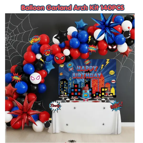 140PCS Blue Red Black White Balloon Garland Arch Kit | Superhero Birthday Party Decorations | Starburst Mylar Balloons with Backdrop Stickers | Boy Comic Theme Balloon Decor