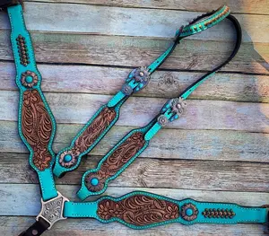Turquoise Tooled Tack Set for Adults with Intricate Leather Tooling and Secure Chocolate Tugs Perfect for Average Horse Size